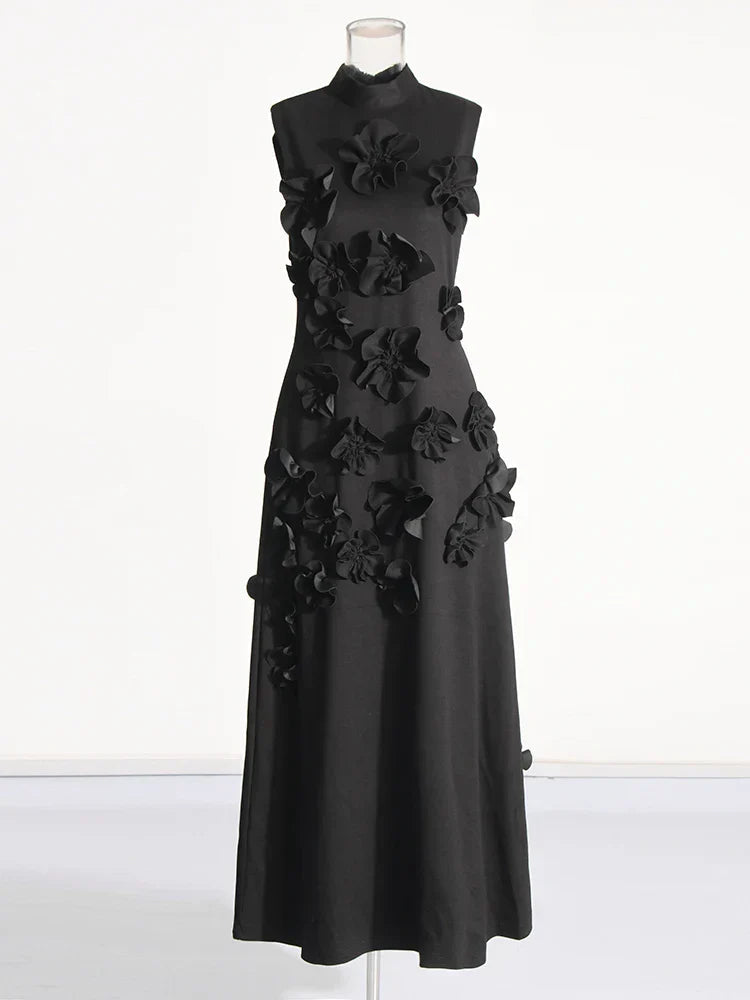 3D Flower Applique Mock Neck Midi Dress