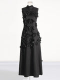 3D Flower Applique Mock Neck Midi Dress