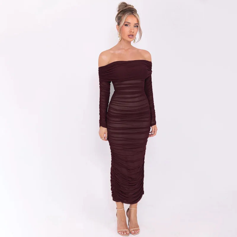 Off Shoulder Slash Neck Solid Maxi Dress