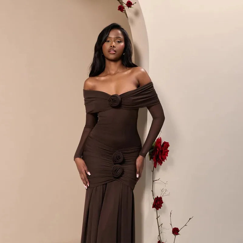 3D Flower Mesh Long Sleeve Fishtail Maxi Dress