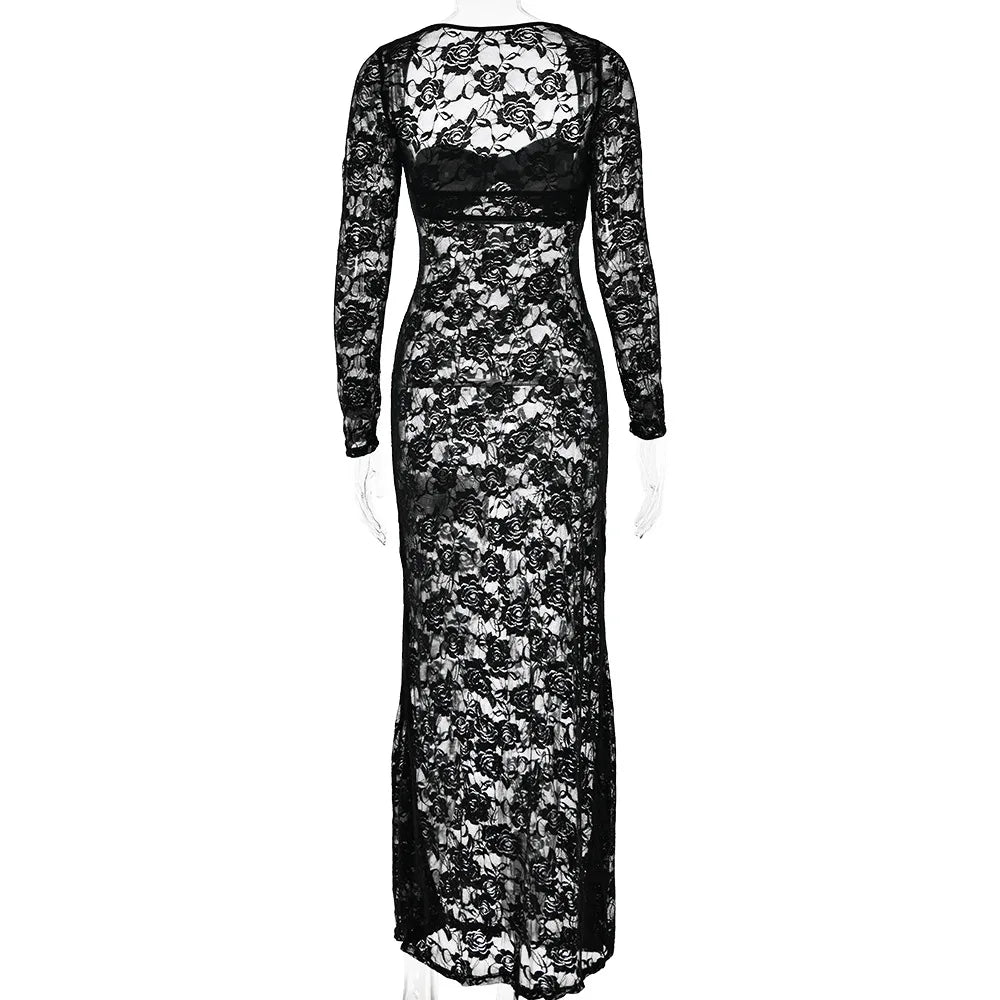 Lace Hollow Out Bodycon Perspective Maxi Dress