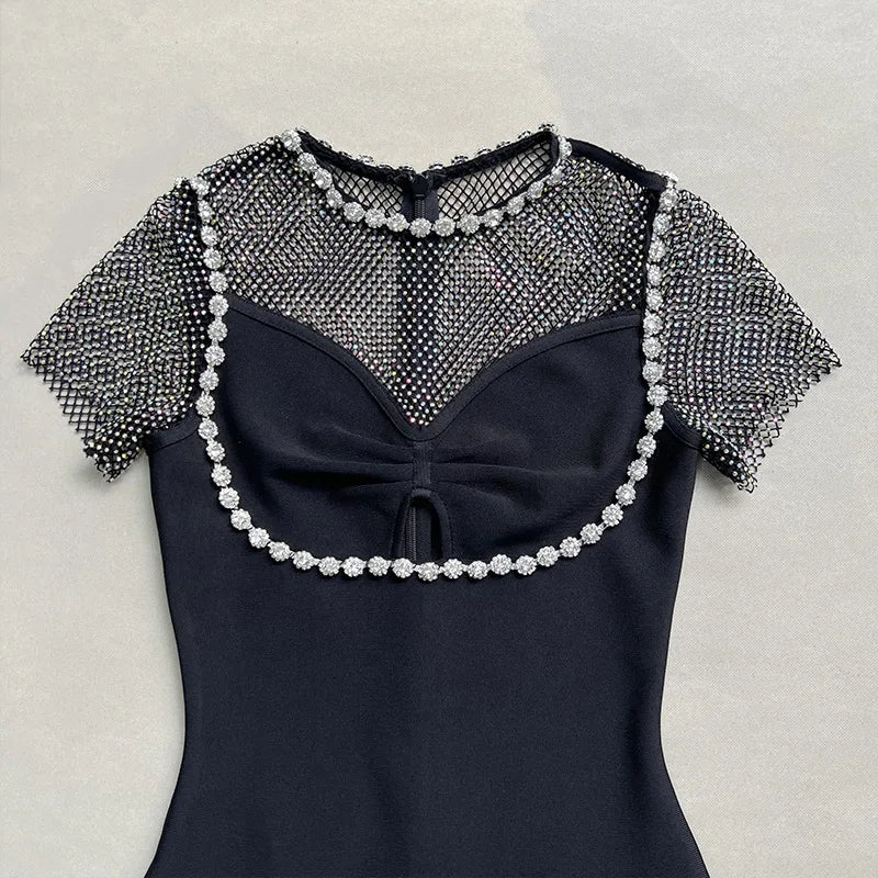 Black Diamante Evening Midi Party Dress