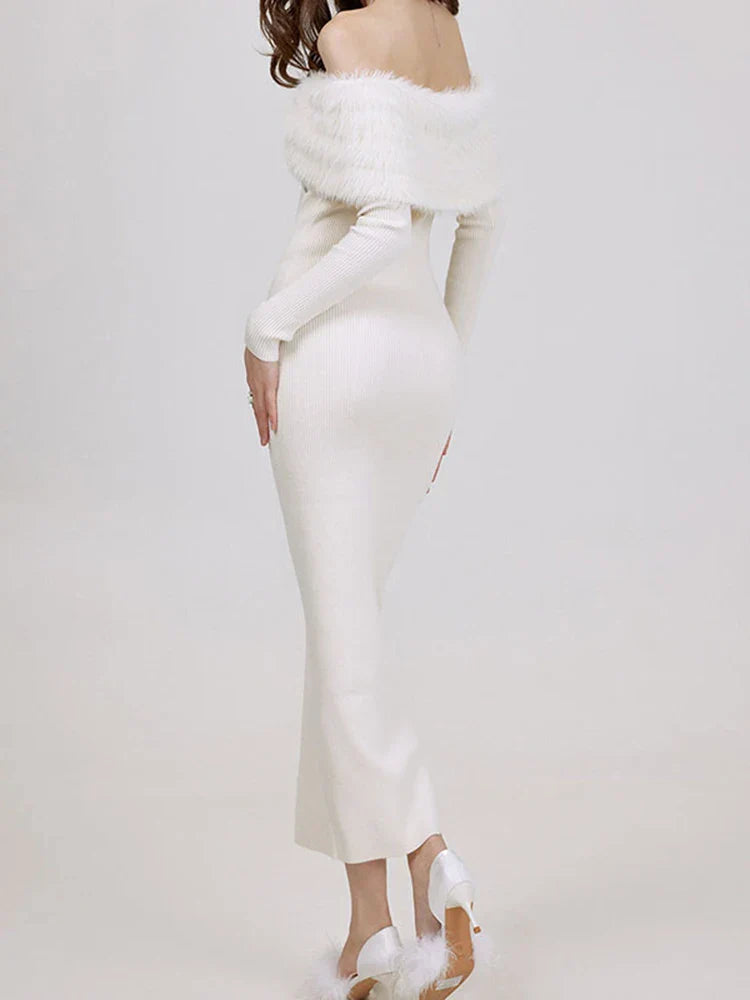 Patchwork Fur Collar Slash Neck Diamond Party Dress