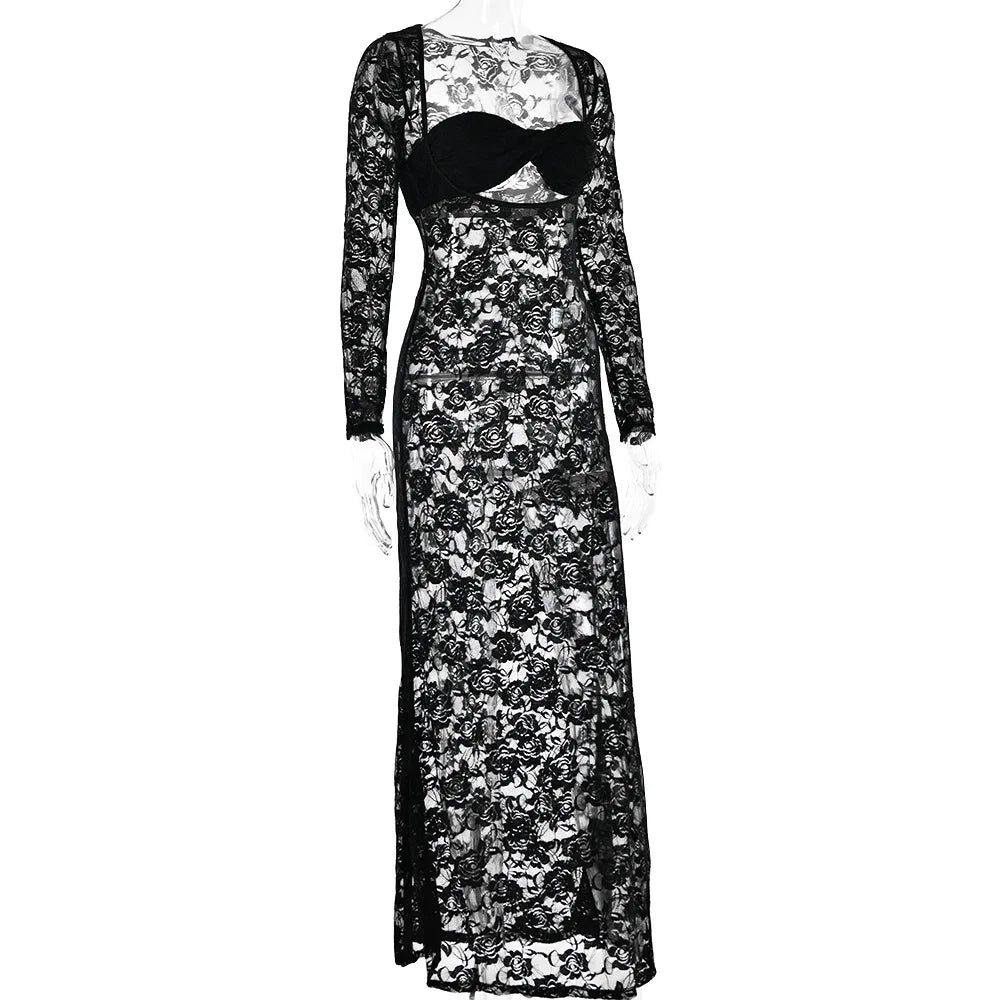 Lace Hollow Out Bodycon Perspective Maxi Dress