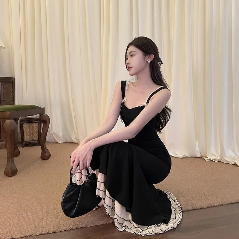 Black Ruffled Fishtail Elegant Midi Dress