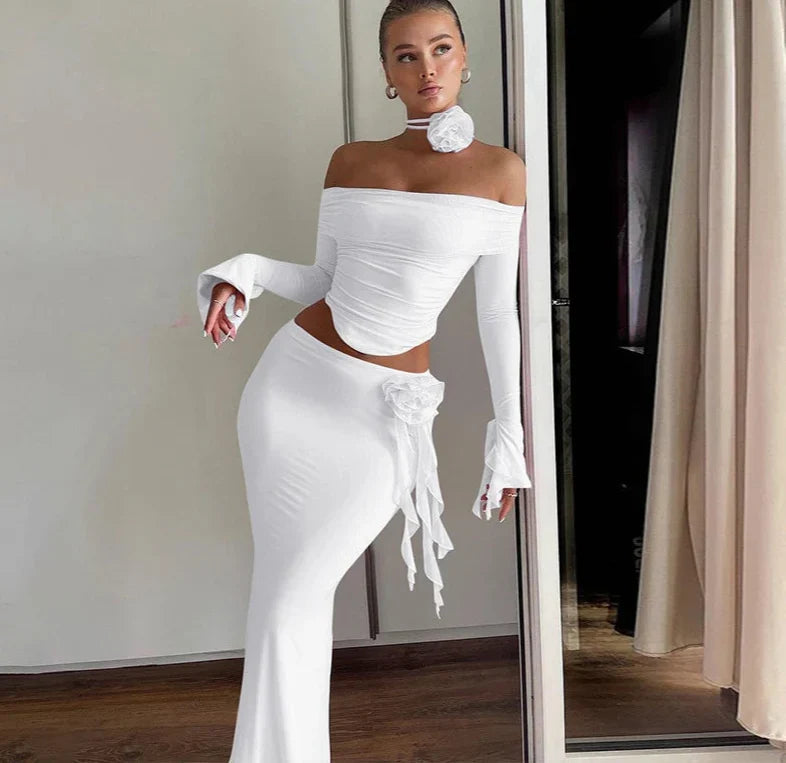Off Shoulder Crop Top Bodycon Maxi Skirt Set