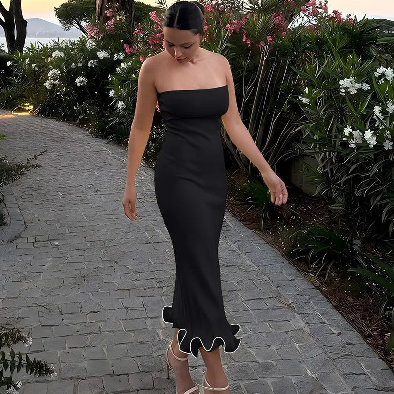 Frill Trim Tube Style Midi Dress