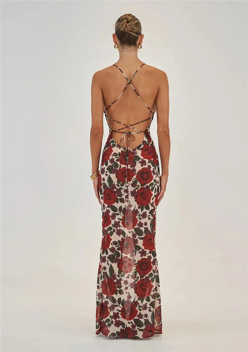 Red Floral Cowl Neck Tie Back Maxi Dress