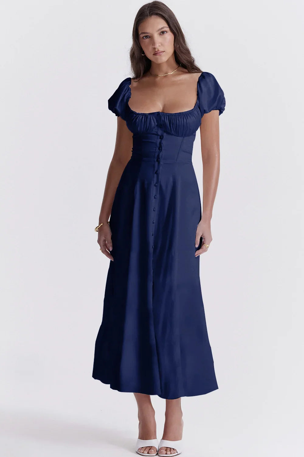 Short Sleeve Strapless Buttoned A Line Midi Dress