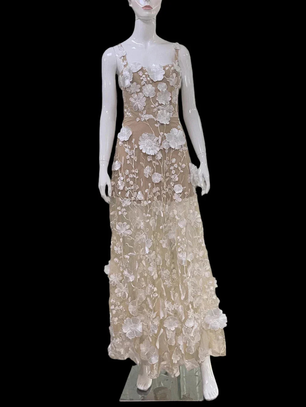 Floral Embroidered Mesh Maxi Party Dress