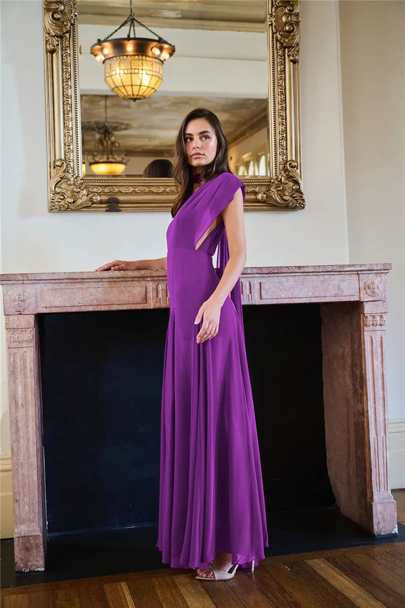 Deep V Purple High Slit Maxi Dress