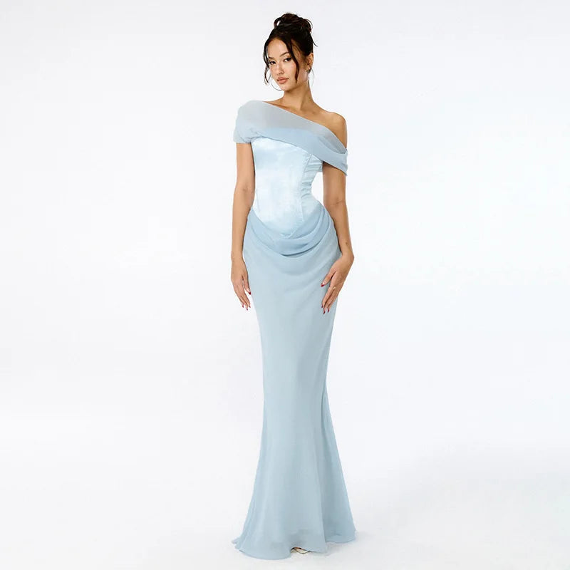 Patchwork Diagonal Collar Maxi Party Dress