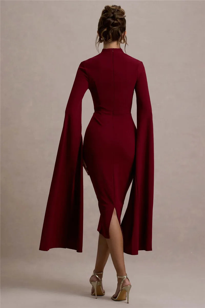 Cape Sleeve Square Neck Elegant Midi Dress
