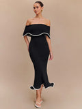 Strapless Ruffled Black Party Midi Dress