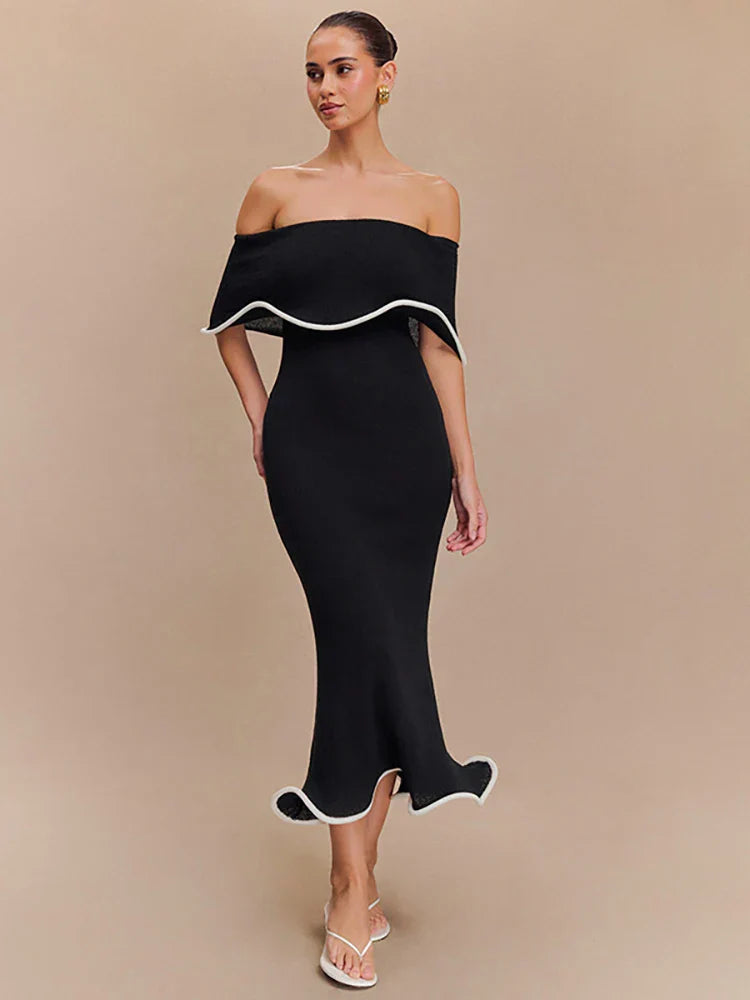 Strapless Ruffled Black Party Midi Dress