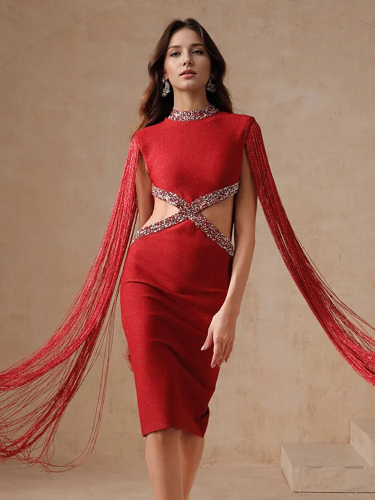 Fringe Tassel Sequin Party Midi Dress