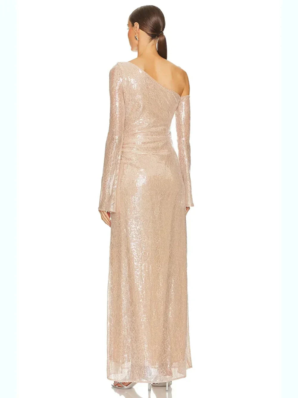 Mesh Sequin 3D Flower Long Sleeve Bodycon Maxi Dress