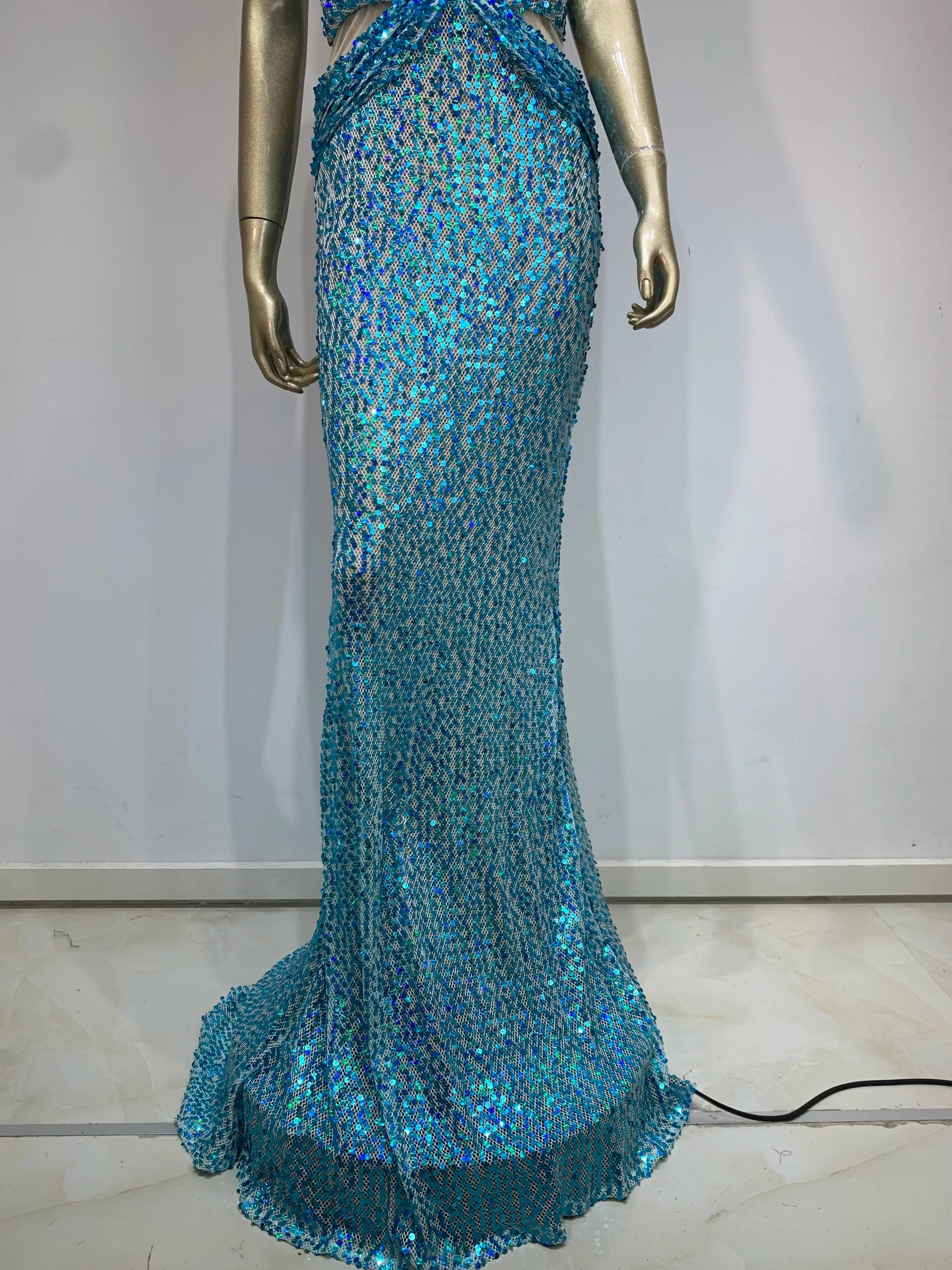 Halter Blue Sequins Glitter Sparkly Maxi Dress