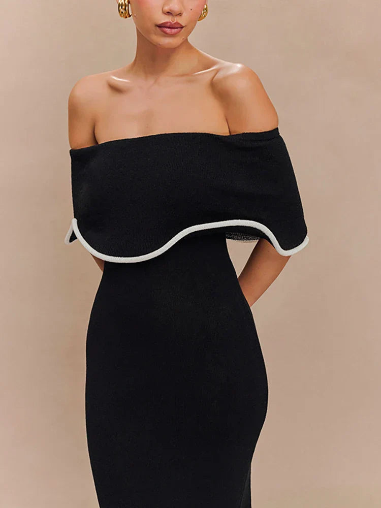 Strapless Ruffled Black Party Midi Dress