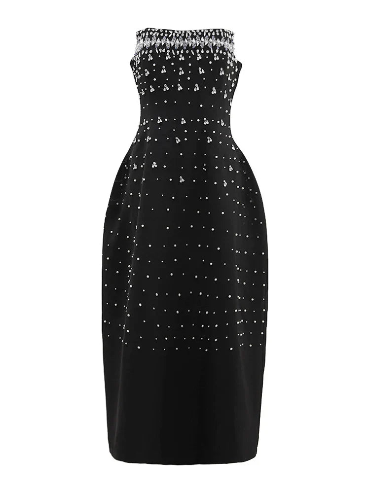 Black Crystal Pearl Midi Dress