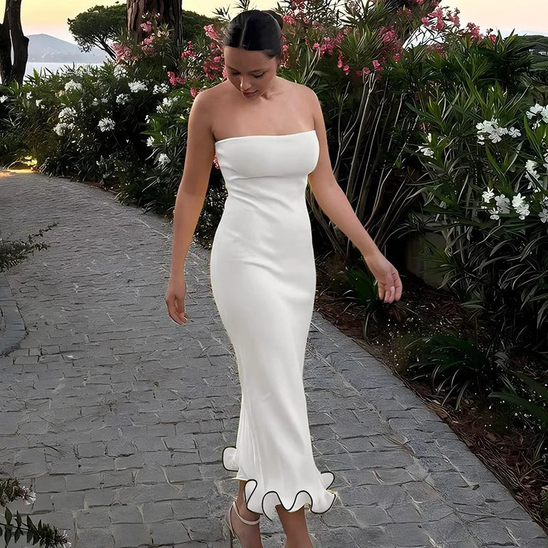 Frill Trim Tube Style Midi Dress