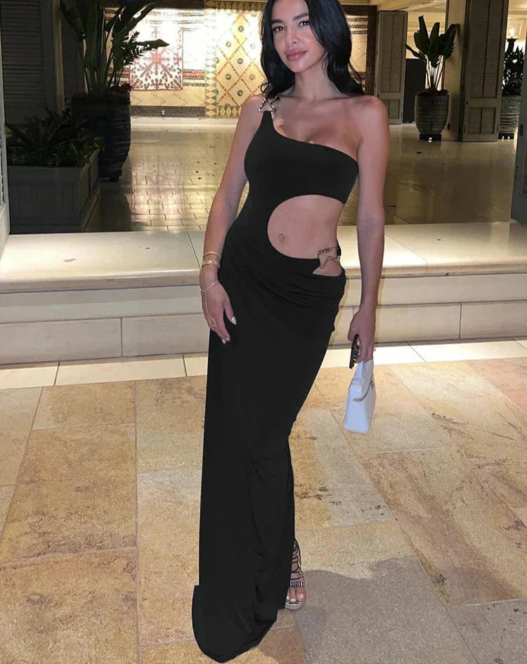 Irregular Hollow Split One Shoulder Party Dress