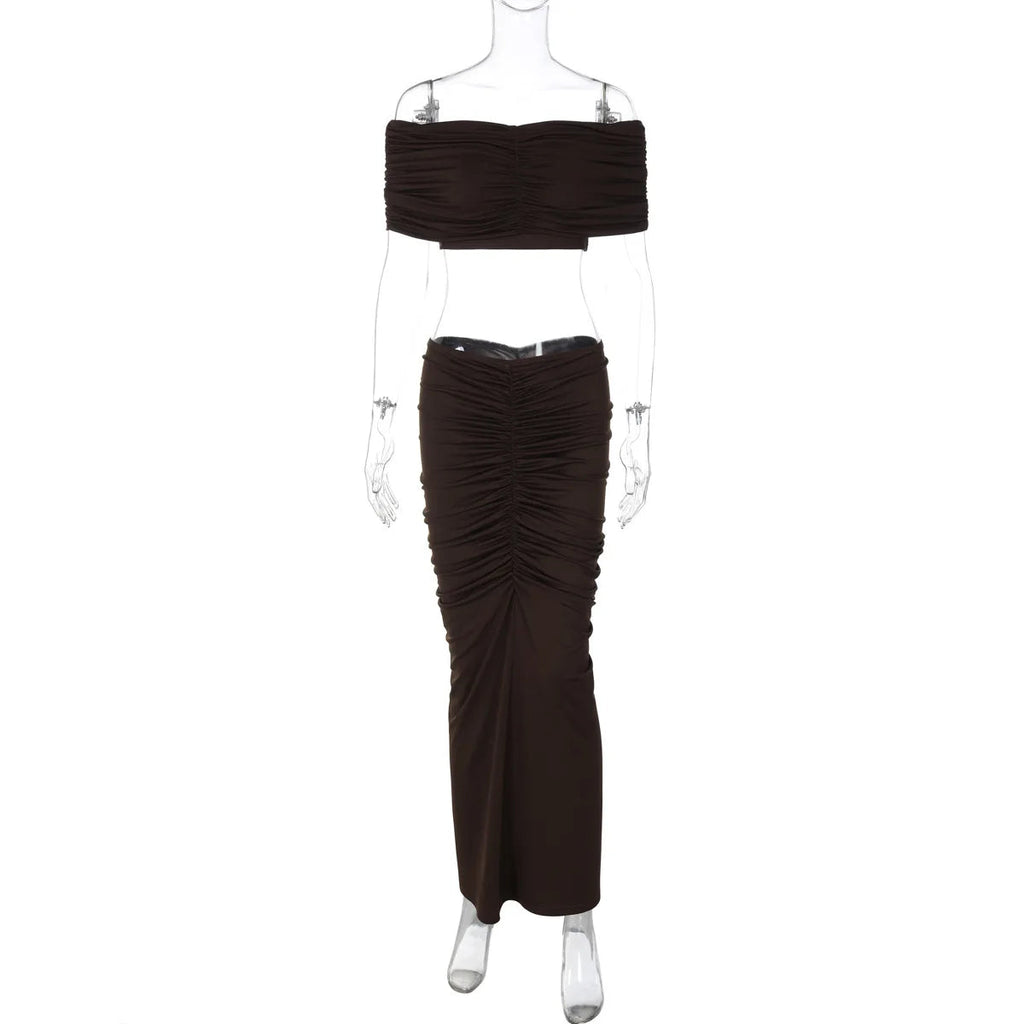 Off Shoulder Crop Top Long Skirt Party Dress