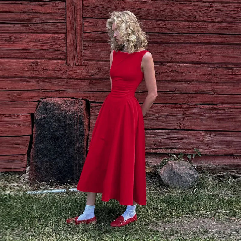 Straight Neck Flared Sleeveless Midi Dress