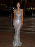Halter Neck Backless Glitter Long Party Dress
