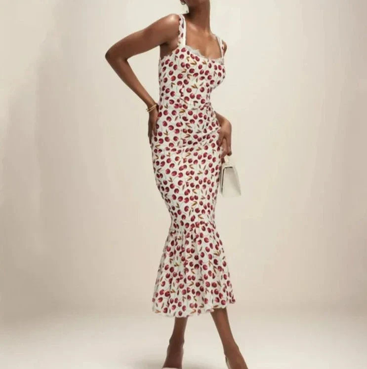 Cherry Print Ruffled Hem Trumpet Midi Dress
