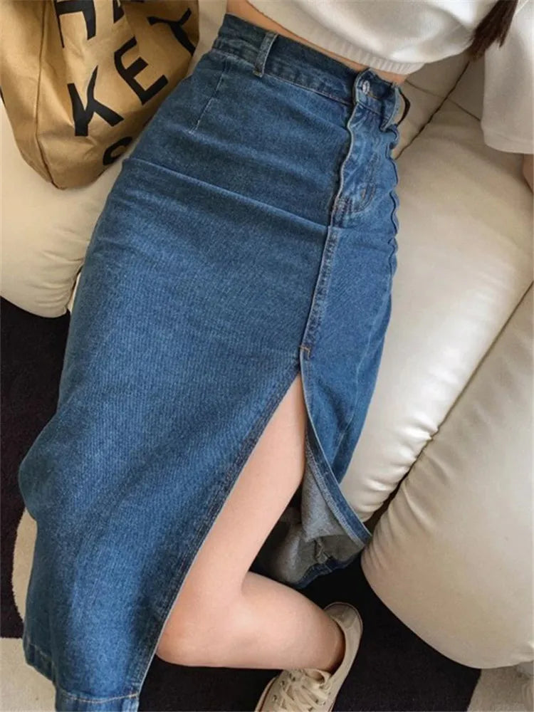 Side Split High Waist Denim Straight Midi Skirt