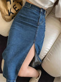 Side Split High Waist Denim Straight Midi Skirt