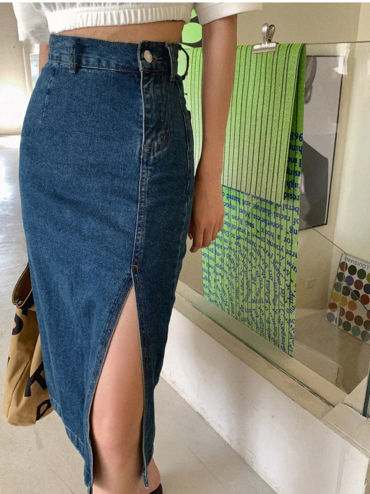 Side Split High Waist Jeans Midi Dress