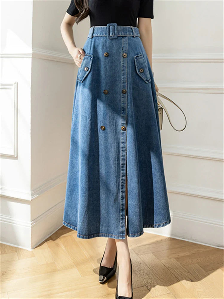 Long High Waist Double Breasted Umbrella Jeans Skirt