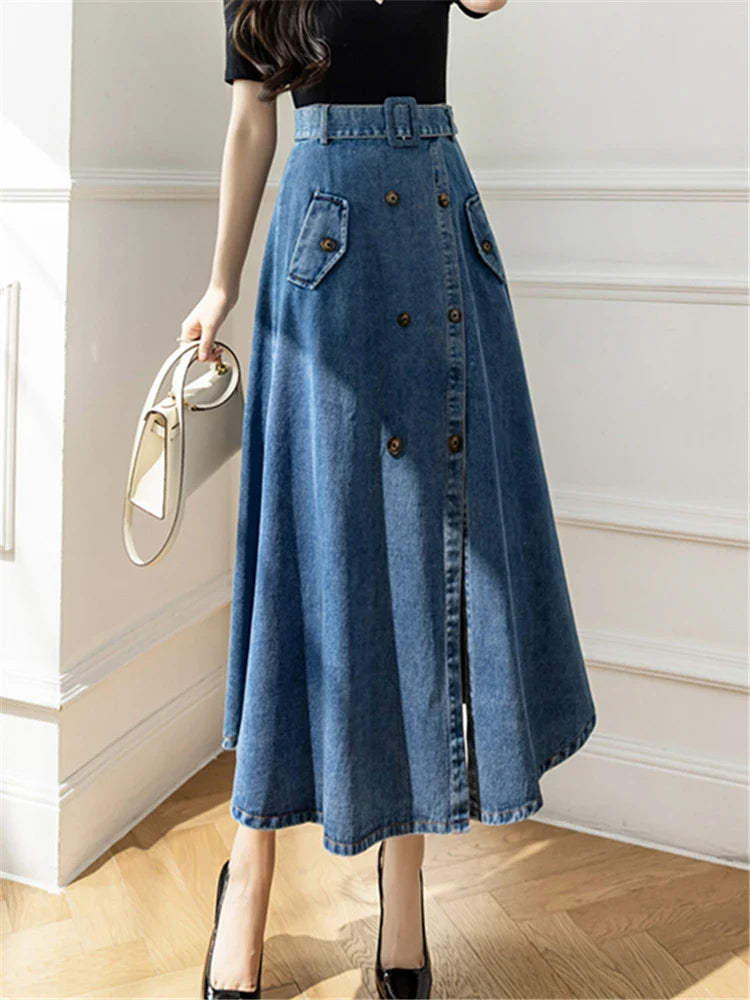 Long High Waist Double Breasted Umbrella Jeans Skirt