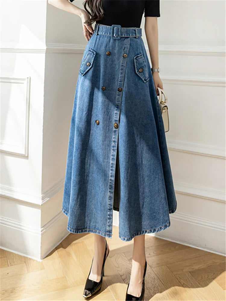 Long High Waist Double Breasted Umbrella Jeans Skirt