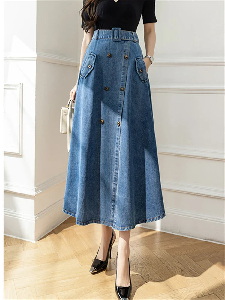 Long High Waist Double Breasted Umbrella Jeans Skirt