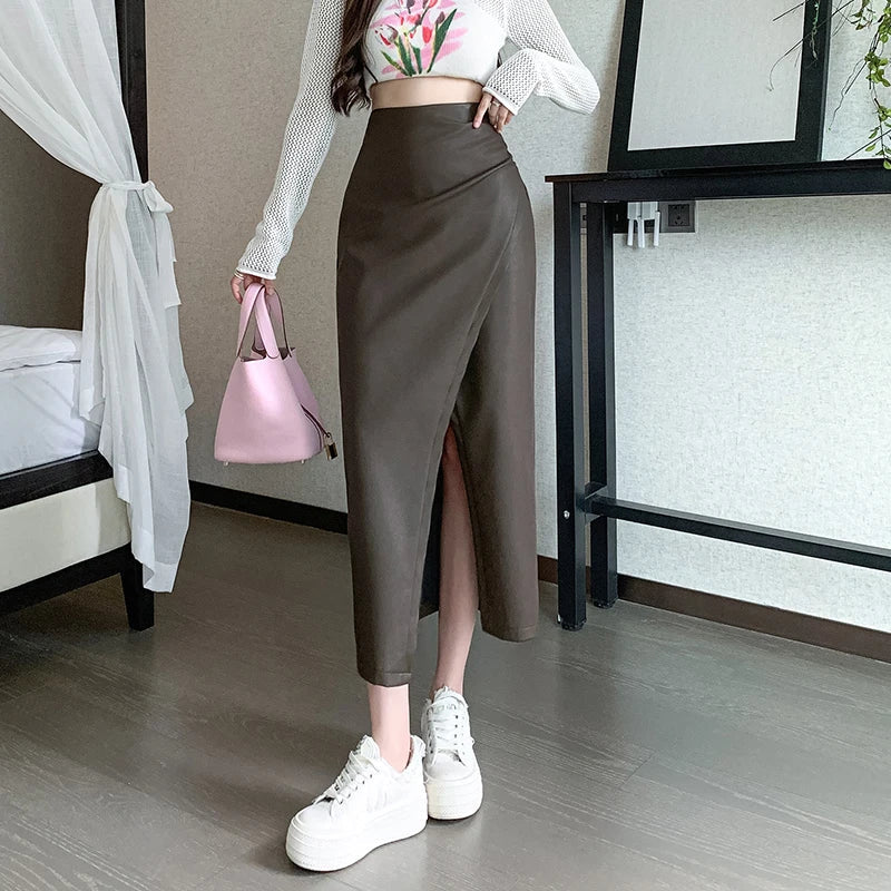 Front Split Long High Waist Classic Office Skirt