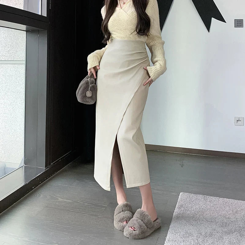 Front Split Long High Waist Classic Office Skirt