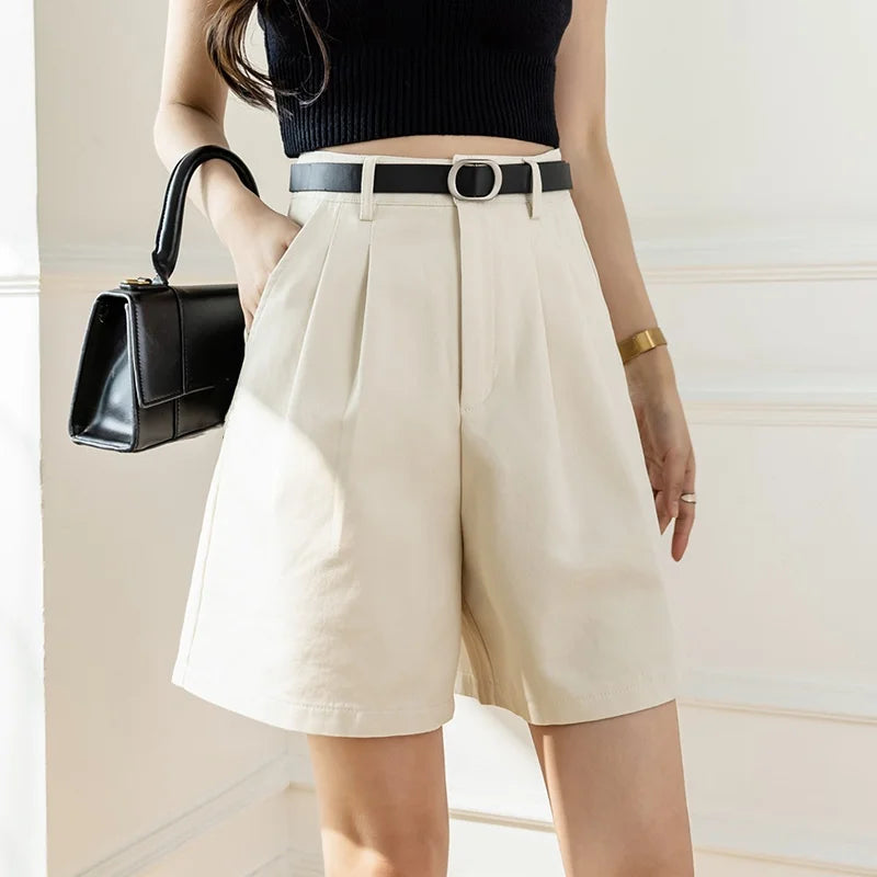 Pockets Solid High Waist Workwear Chic Short