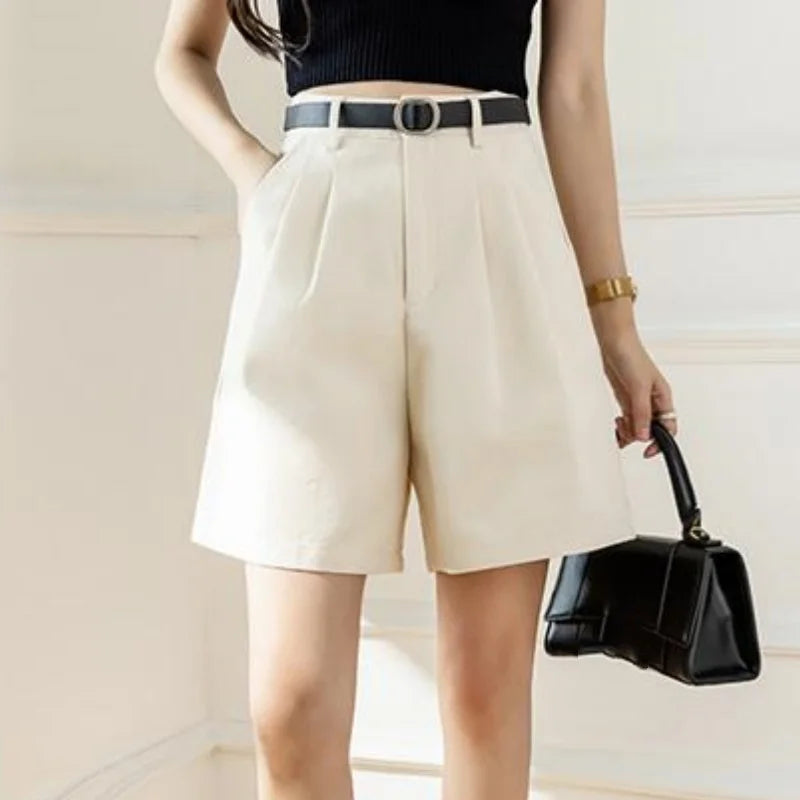 Pockets Solid High Waist Workwear Chic Short