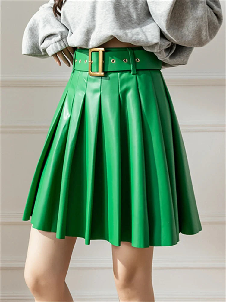Pleated Belted Mini Faux Autumn Winter Skirt