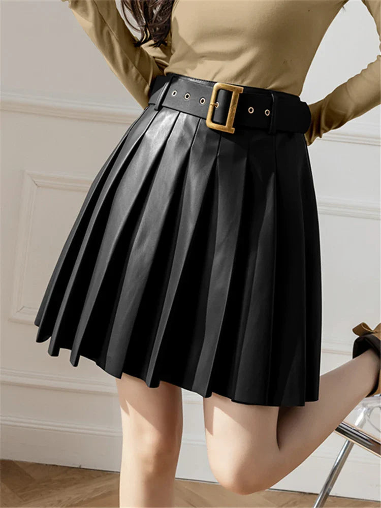 Pleated Belted Mini Faux Autumn Winter Skirt