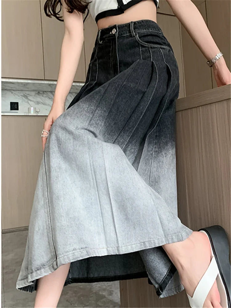 Gradient Pleated Denim Long Casual Spring Skirt