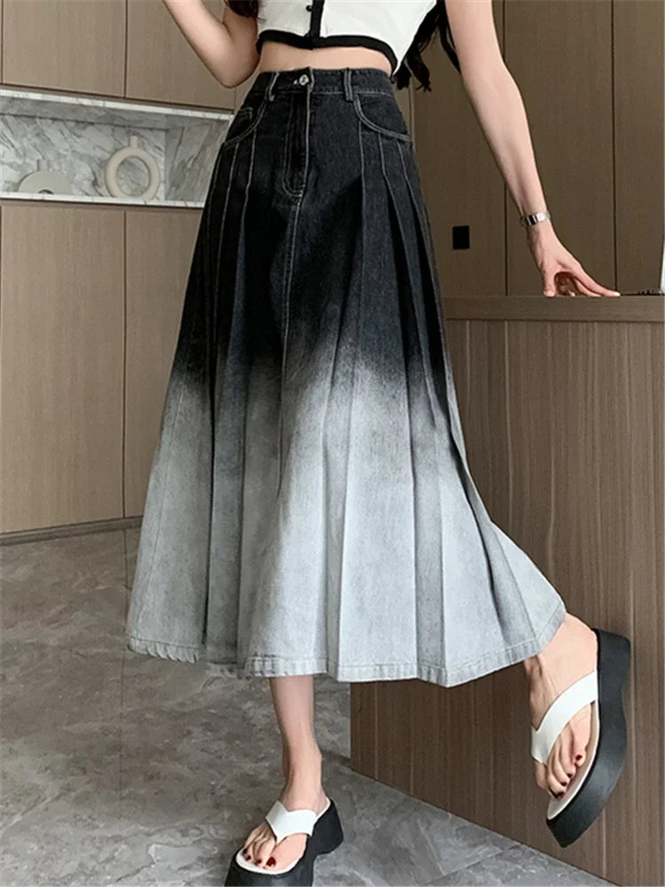 Gradient Pleated Denim Long Casual Spring Skirt