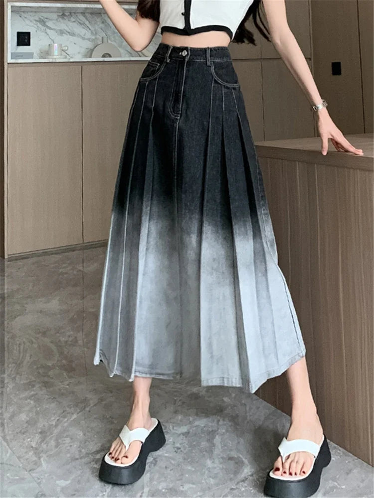 Gradient Pleated Denim Long Casual Spring Skirt