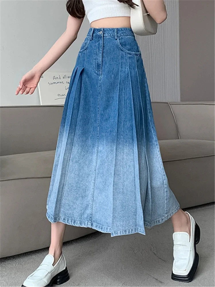 Gradient Pleated Denim Long Casual Spring Skirt