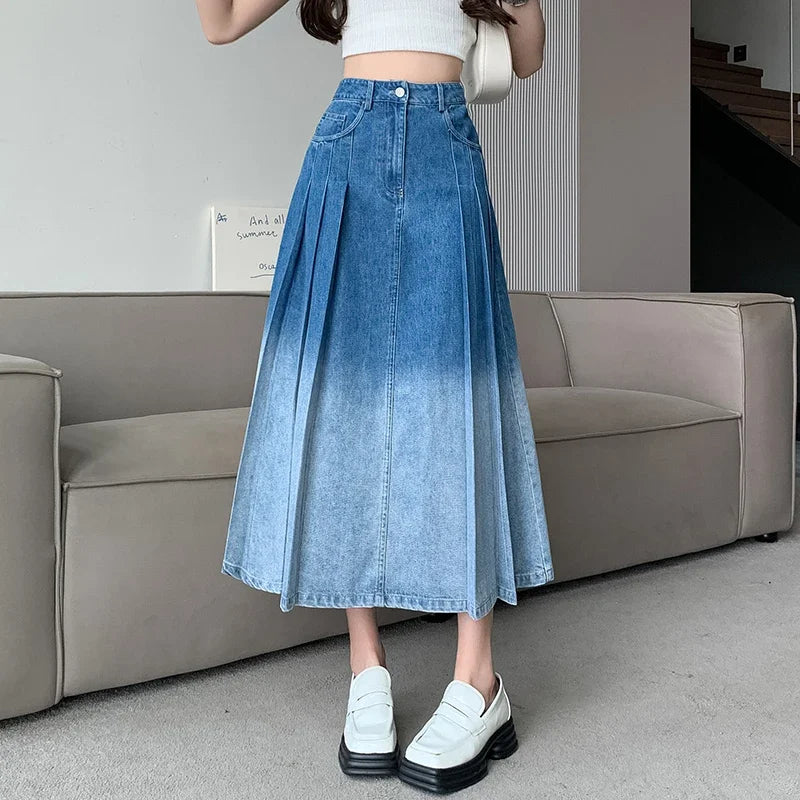 Gradient Pleated Denim Long Casual Spring Skirt