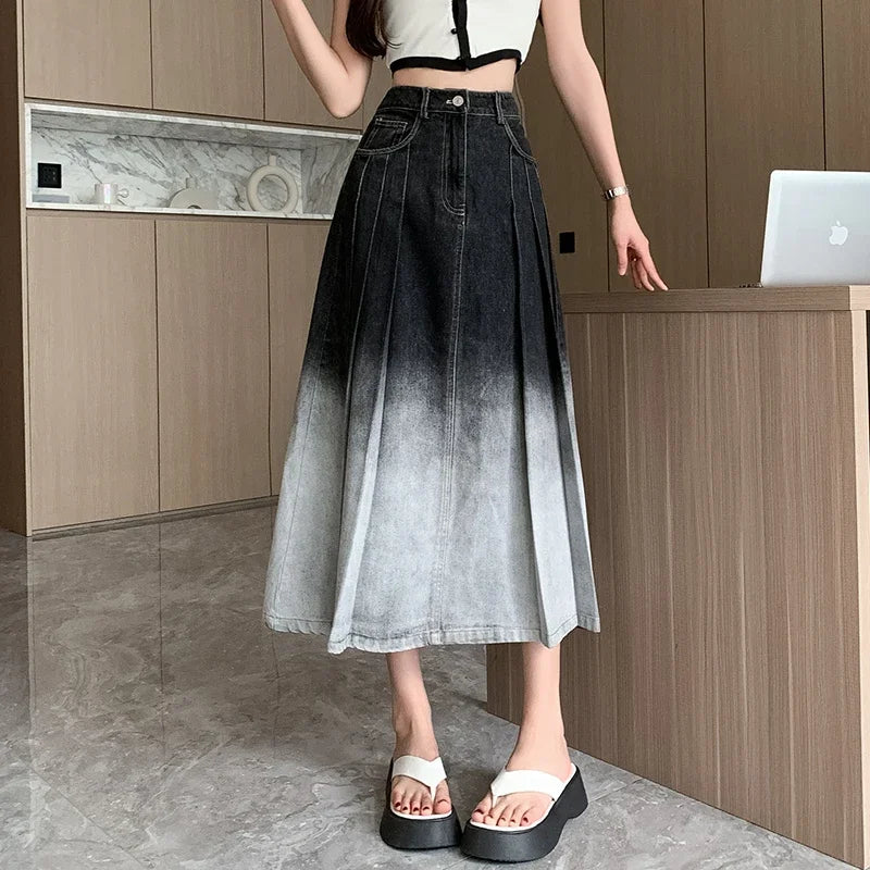 Gradient Pleated Denim Long Casual Spring Skirt