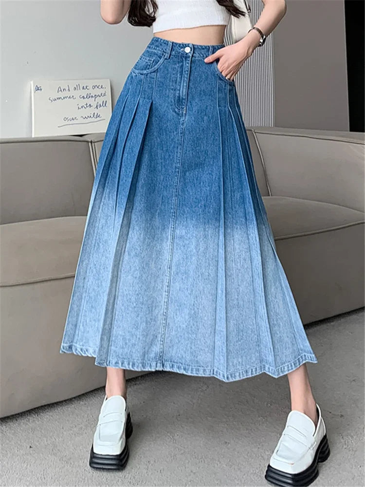 Gradient Pleated Denim Long Casual Spring Skirt